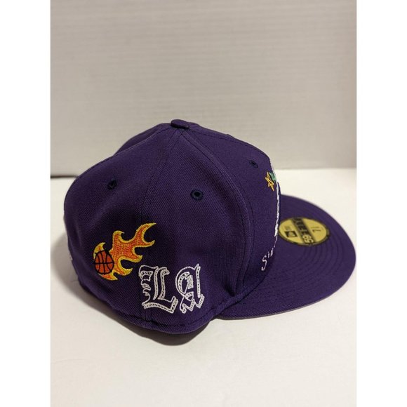 7 3/8 - Los Angeles Lakers Scribble New Era 59Fifty Flat Brim Fitted Hat Purple - Picture 2 of 5